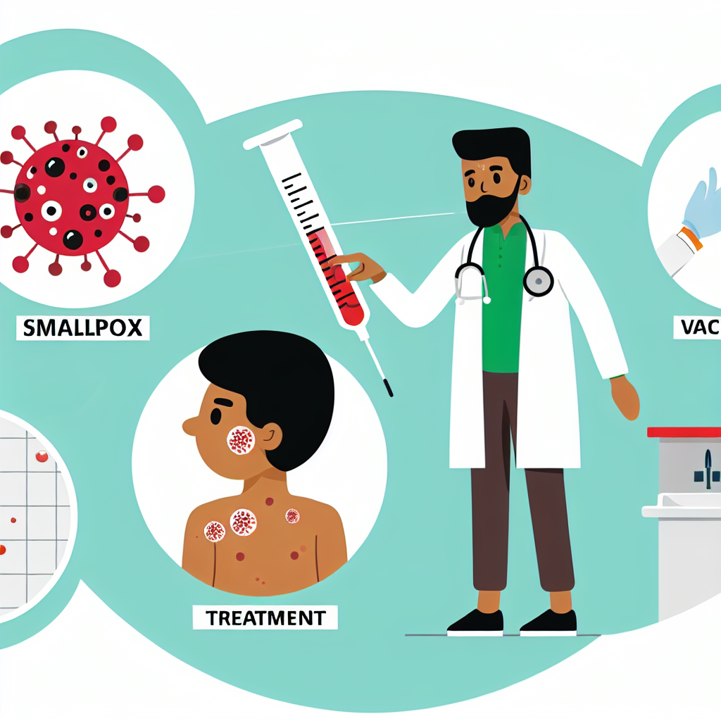 Illustration featuring essential components of smallpox understanding: a depiction of the smallpox virus, a high-temperature thermometer representing symptoms, a South Asian doctor examining a skin rash indicative of diagnosis, a vaccine symbolizing treatment, and a hand-washing station implying preventive measures.