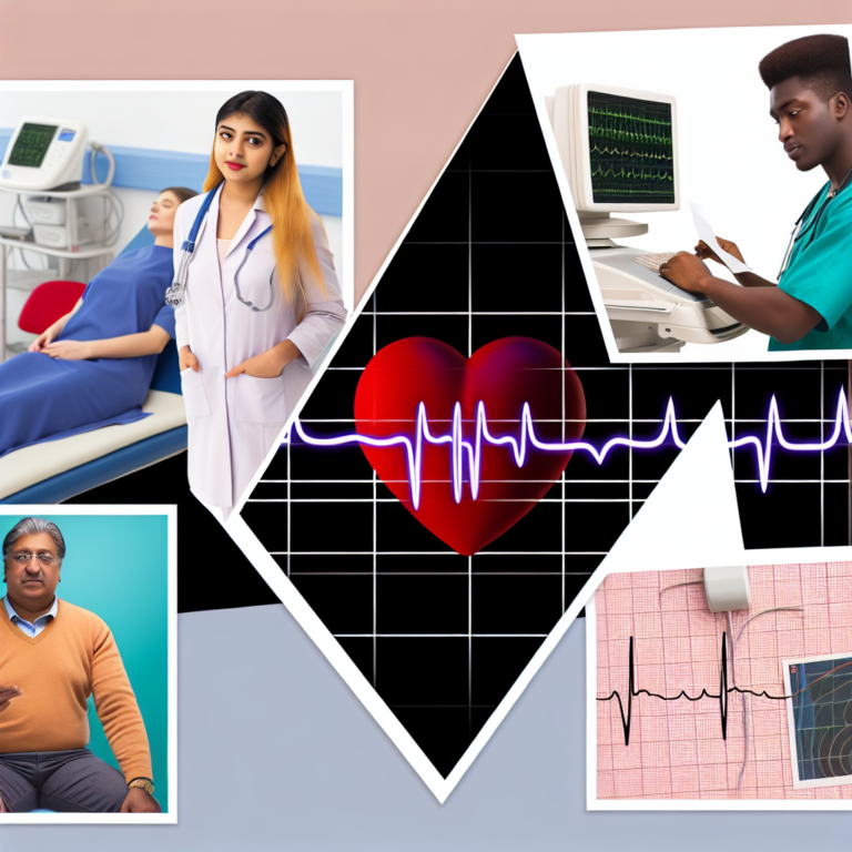 A visually engaging infographic divided into sections that demonstrate how ECGs contribute to preventing heart diseases. The first section shows a South-Asian female doctor in a clinic explaining the importance of regular heart check-ups with ECG prints. The second section depicts a Black male technician using an ECG machine on a patient. The last section presents a flowchart illustrating the process of early detection from ECG that aids in preventing heart diseases.