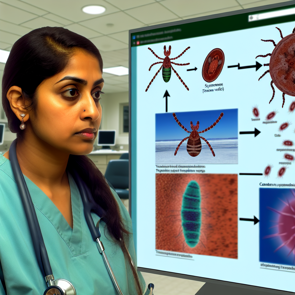 South Asian female medical professional studying a Babesia parasite on a computer screen in a clinic. A life cycle chart of the Babesia parasite showing tick bites as the transmission vector is visible next to her. Indications of common symptoms like fever, fatigue, and chills are also portrayed in the image. The whole scene has an educational orient.